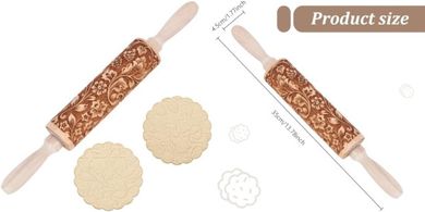 Rodillo de madera grabado, flores oscuras, 35cm, para galletas.